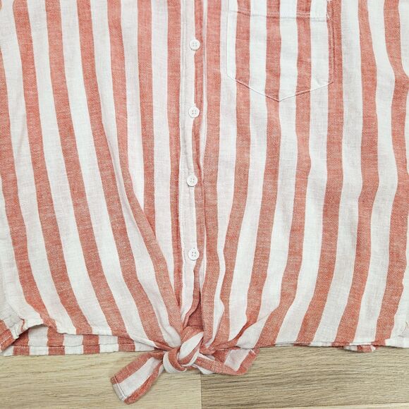 Beach Lunch Lounge Womens White Pink Stripe Button Down Linen Shirt Size XS Knot - Picture 4 of 7